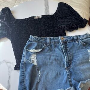Black Textured Top and Distressed Denim Shorts